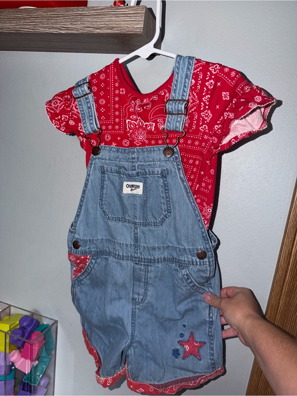 OshKosh B'gosh Red Bandana Tee with Light Blue Denim Short Overalls